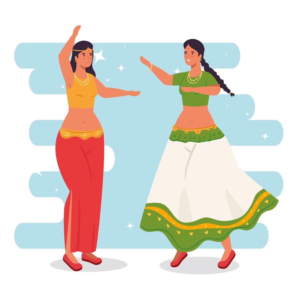 gruppo di donne indiane con abiti tradizionali danzanti vettore