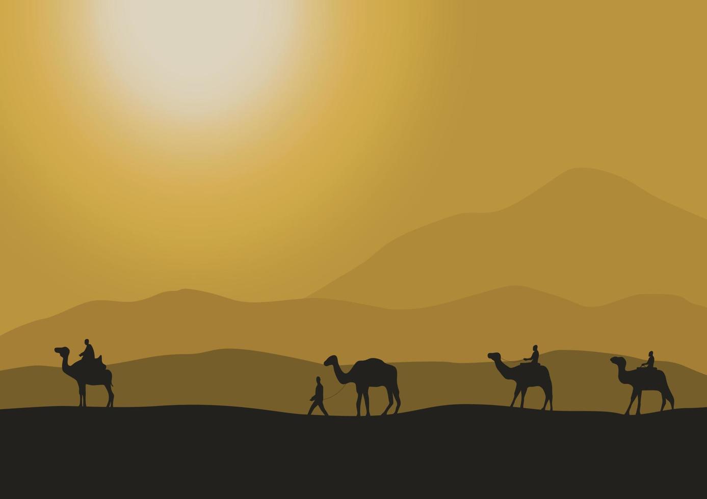 silhouette di cammelli nel il deserto con luce del sole, vettore illustrazione.