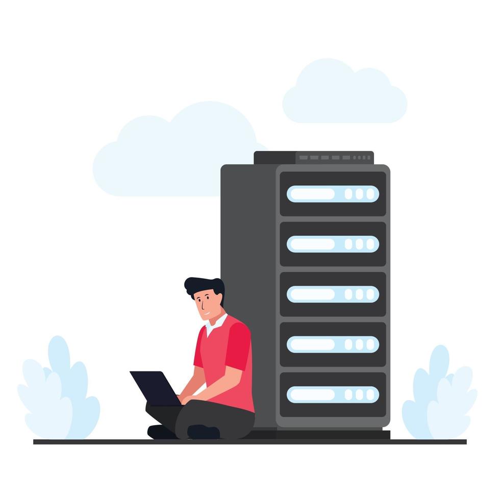 l'uomo si siede e ripara il cloud hosting nel server vettore