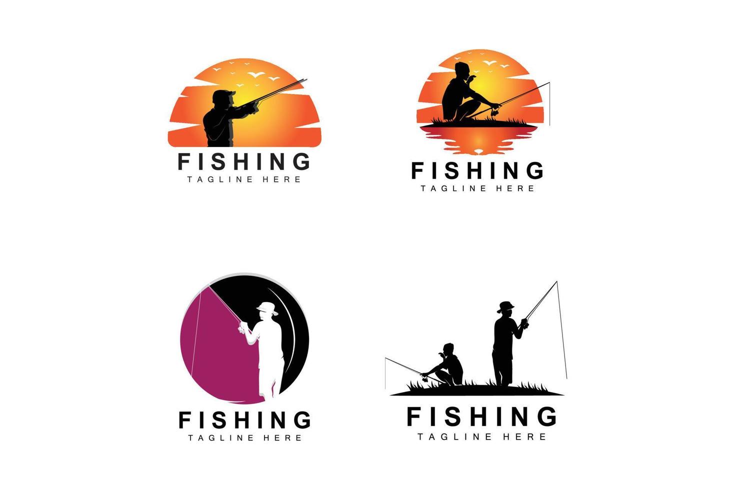 vettore icona logo pesca, pescare pesce sulla barca, design silhouette tramonto all'aperto