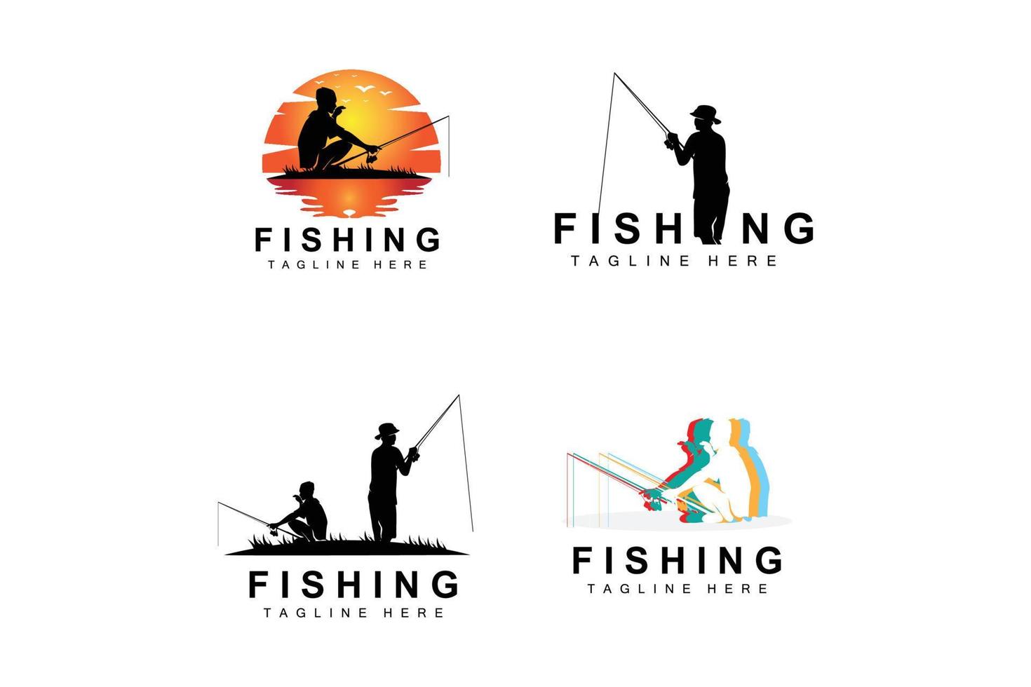 vettore icona logo pesca, pescare pesce sulla barca, design silhouette tramonto all'aperto