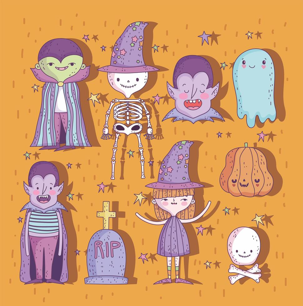 simpatico set di halloween con piccoli personaggi vettore