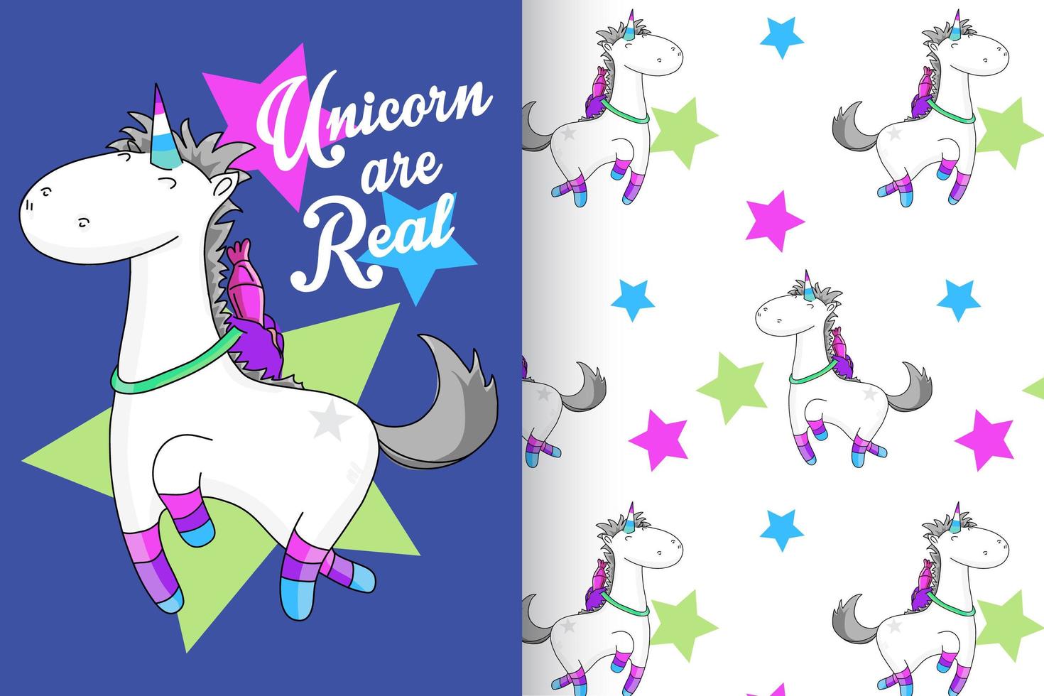 unicorno carino disegnato a mano con set di pattern vettore