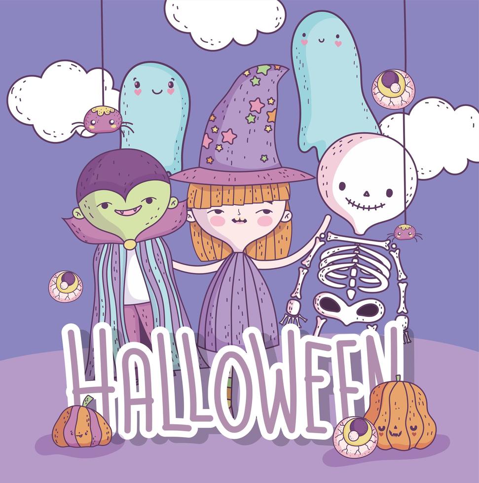 simpatico poster di halloween con piccoli personaggi vettore