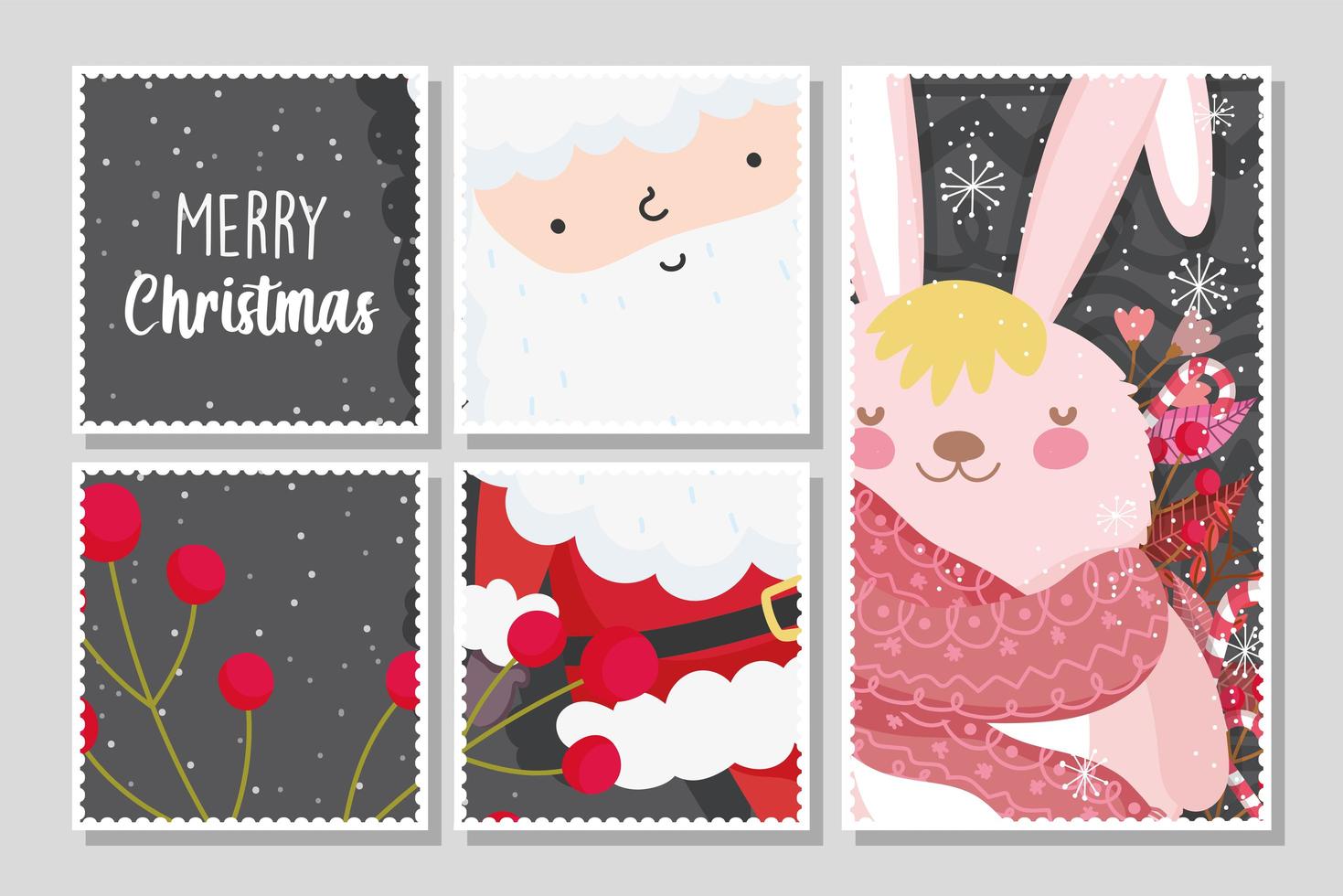 Merry Christmas card set con felice Babbo Natale e coniglietto vettore