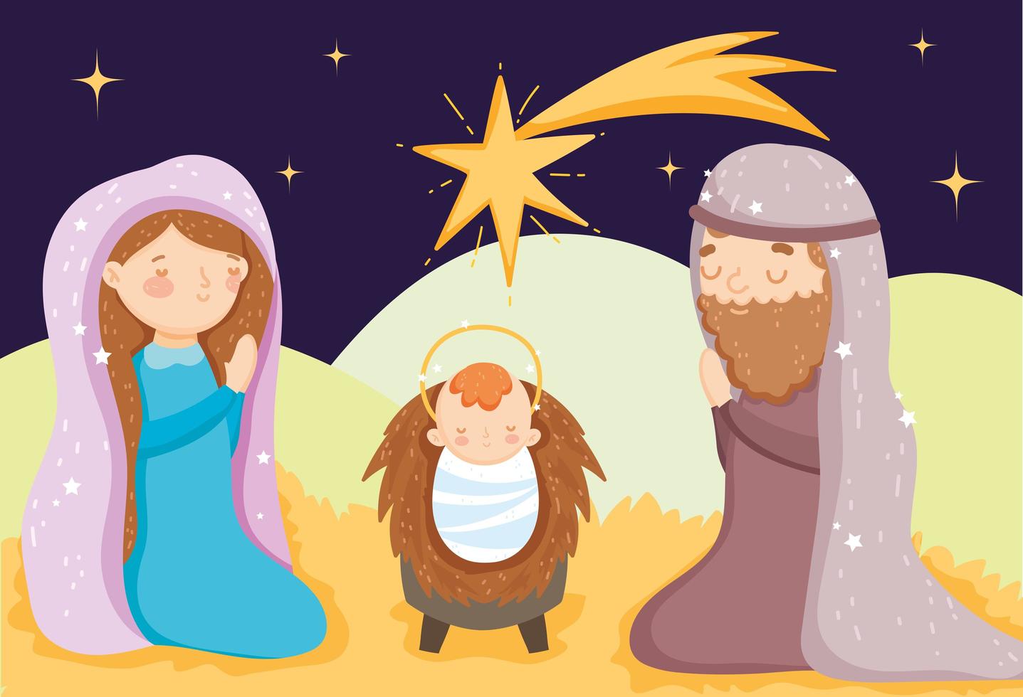 buon natale e poster presepe con sacra famiglia vettore