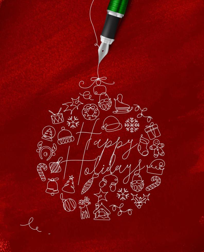 Natale albero giocattolo palla lettering contento vacanze disegno con penna linea su rosso sfondo vettore