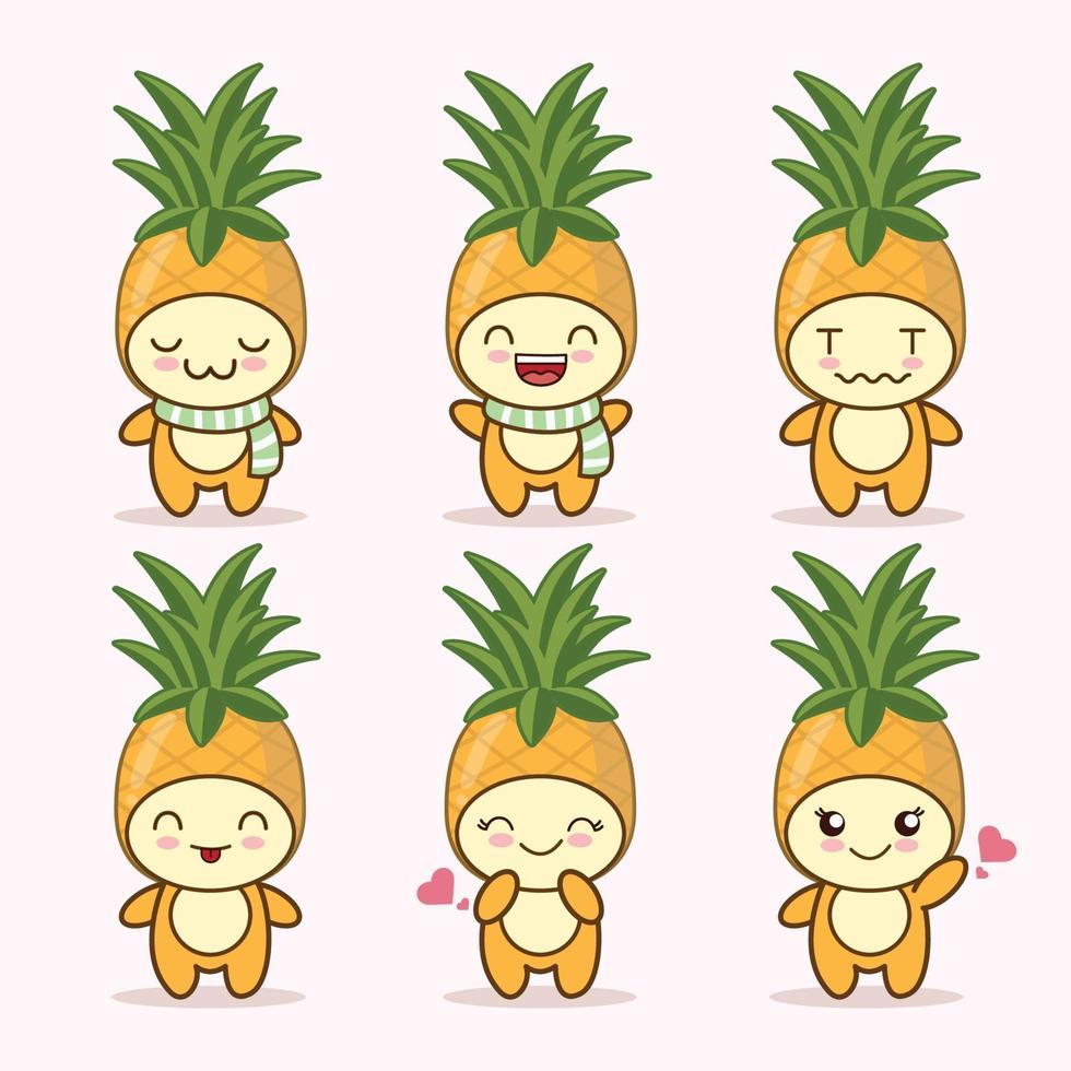 raccolta di set di espressioni carino ananas. personaggio mascotte di ananas vettore