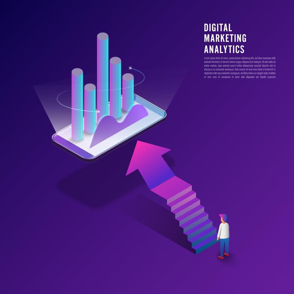 marketing digitale di concetto di design piatto, informazioni sui dati di analisi del cliente con uomo d'affari in piedi tramite computer. vettore