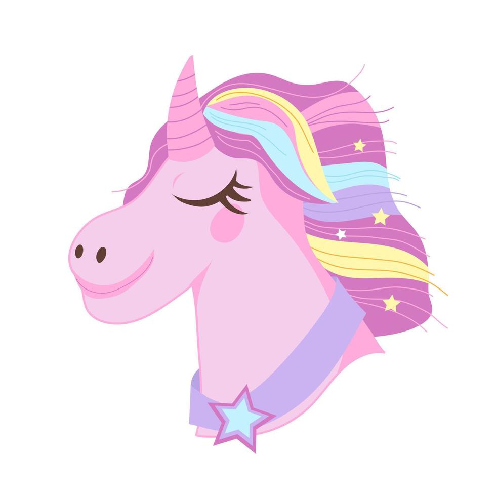 unicorno con arcobaleno capelli cartone animato colore icona, piatto vettore illustrazione isolato su bianca. testa di unicorno fantasia cavallo per adesivi o bambini capi di abbigliamento stampe.