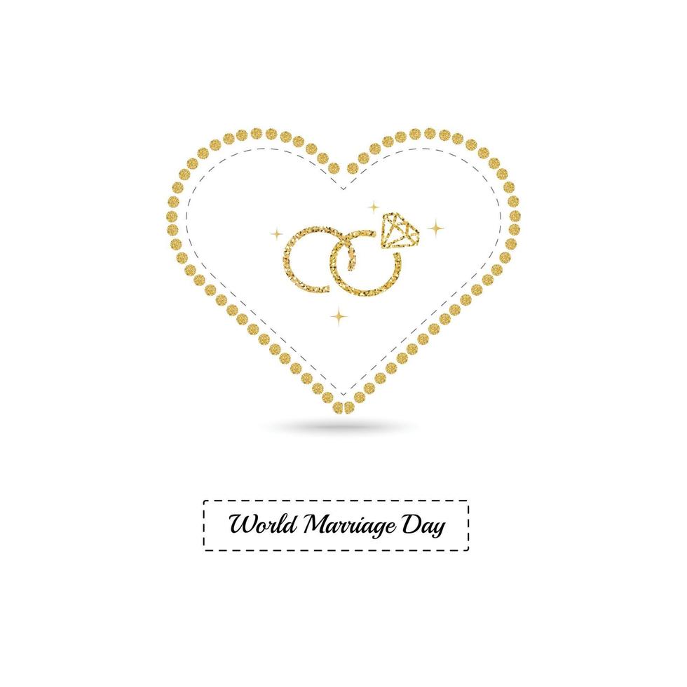carta del giorno del matrimonio mondiale con cornice a cuore glitter oro e fede nuziale vettore