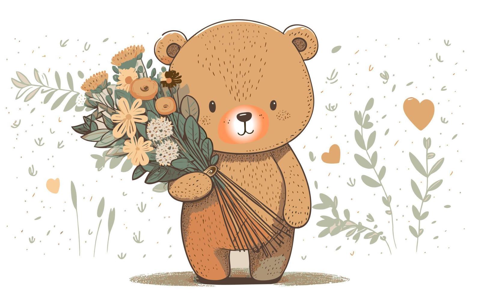 disegno poco orso con un' mazzo di fiori vettore