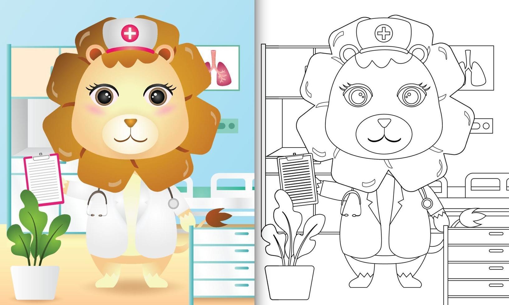 libro da colorare per bambini con un simpatico personaggio di infermiera leone illustrazione vettore