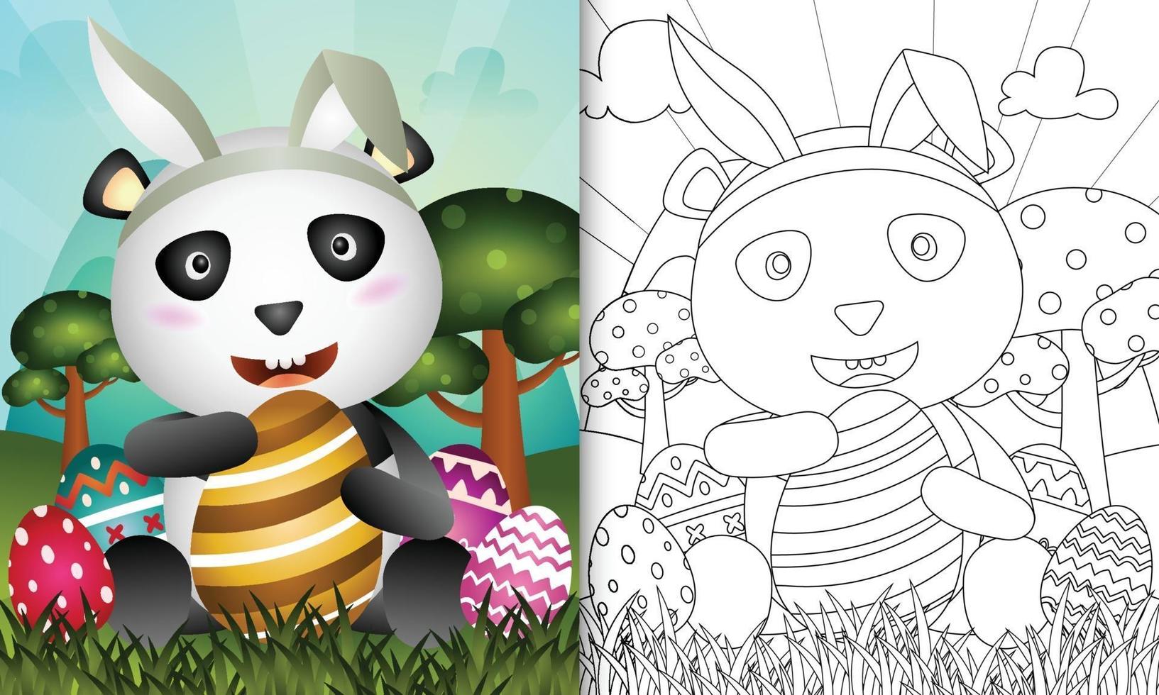 libro da colorare per bambini a tema pasqua con un simpatico panda con fasce per orecchie da coniglio che abbracciano l'uovo vettore