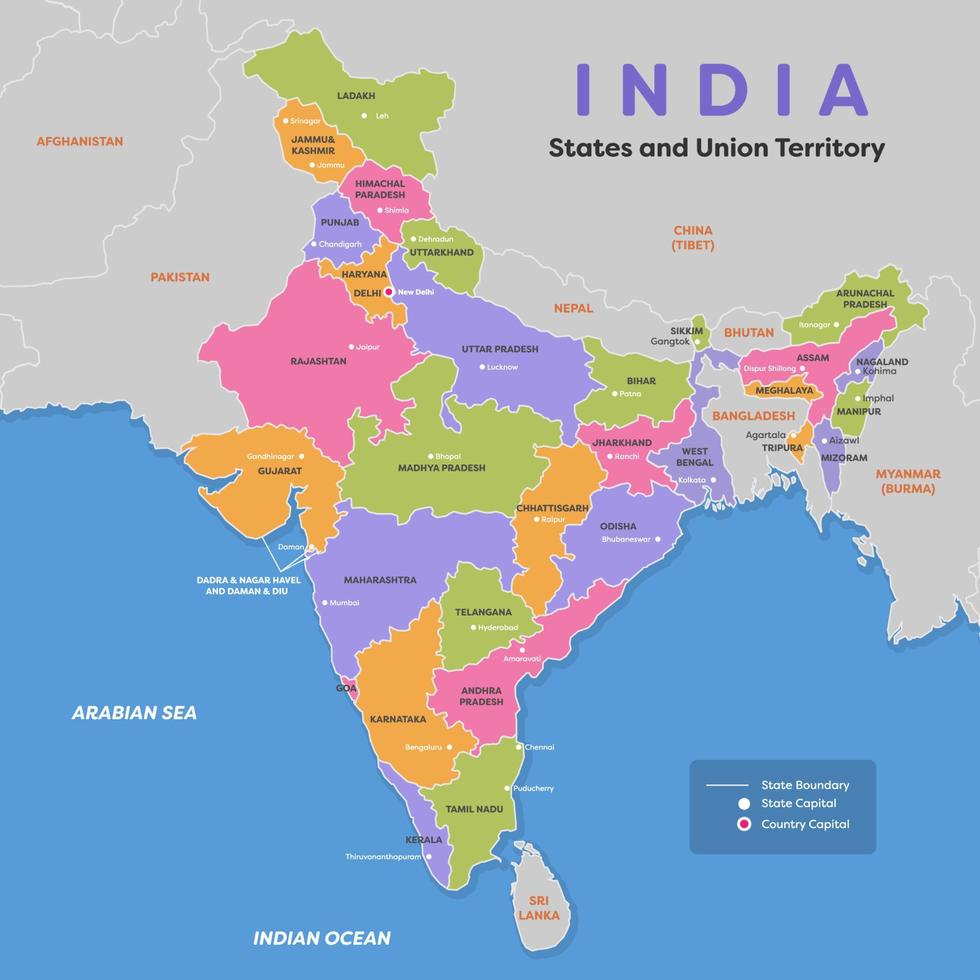 colorato India carta geografica con circostante frontiere vettore