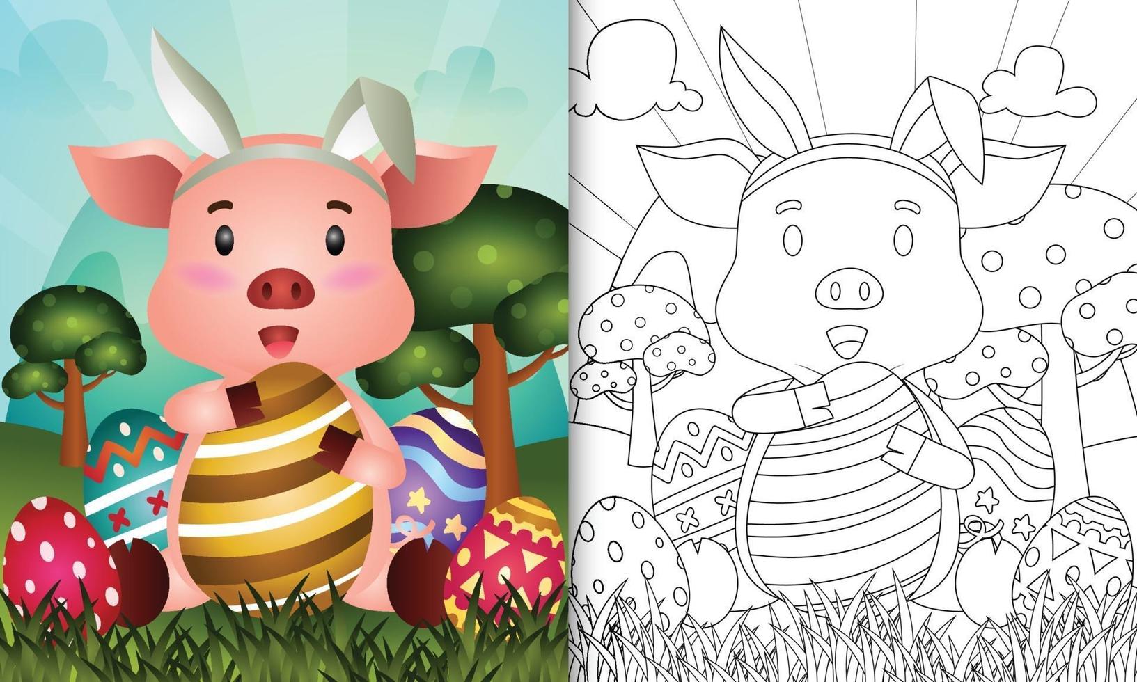 libro da colorare per bambini a tema Pasqua con un simpatico maialino con orecchie da coniglio vettore