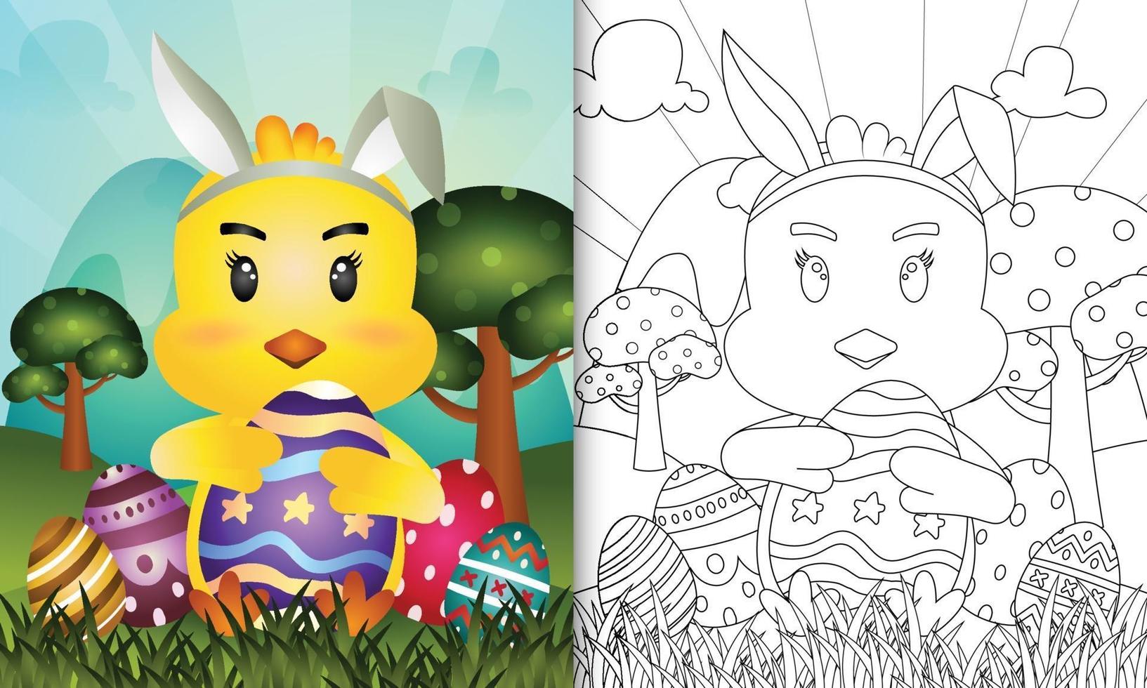 libro da colorare per bambini a tema pasqua con un simpatico pulcino con orecchie da coniglio vettore