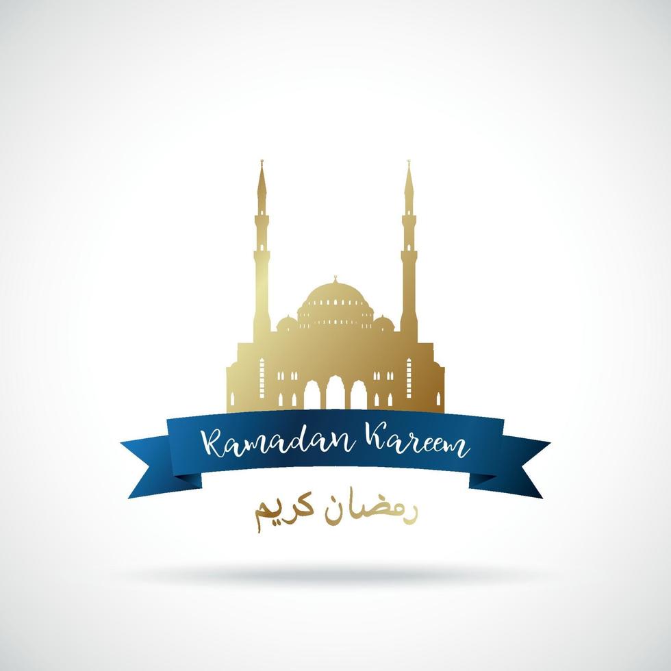 biglietto di auguri di ramadan kareem. moschea islamica dorata. traduzione del testo - ramadan kareem. vettore