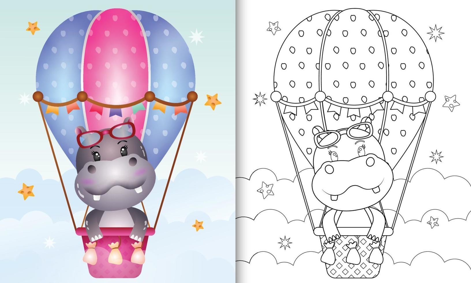 libro da colorare per bambini con un simpatico ippopotamo in mongolfiera vettore