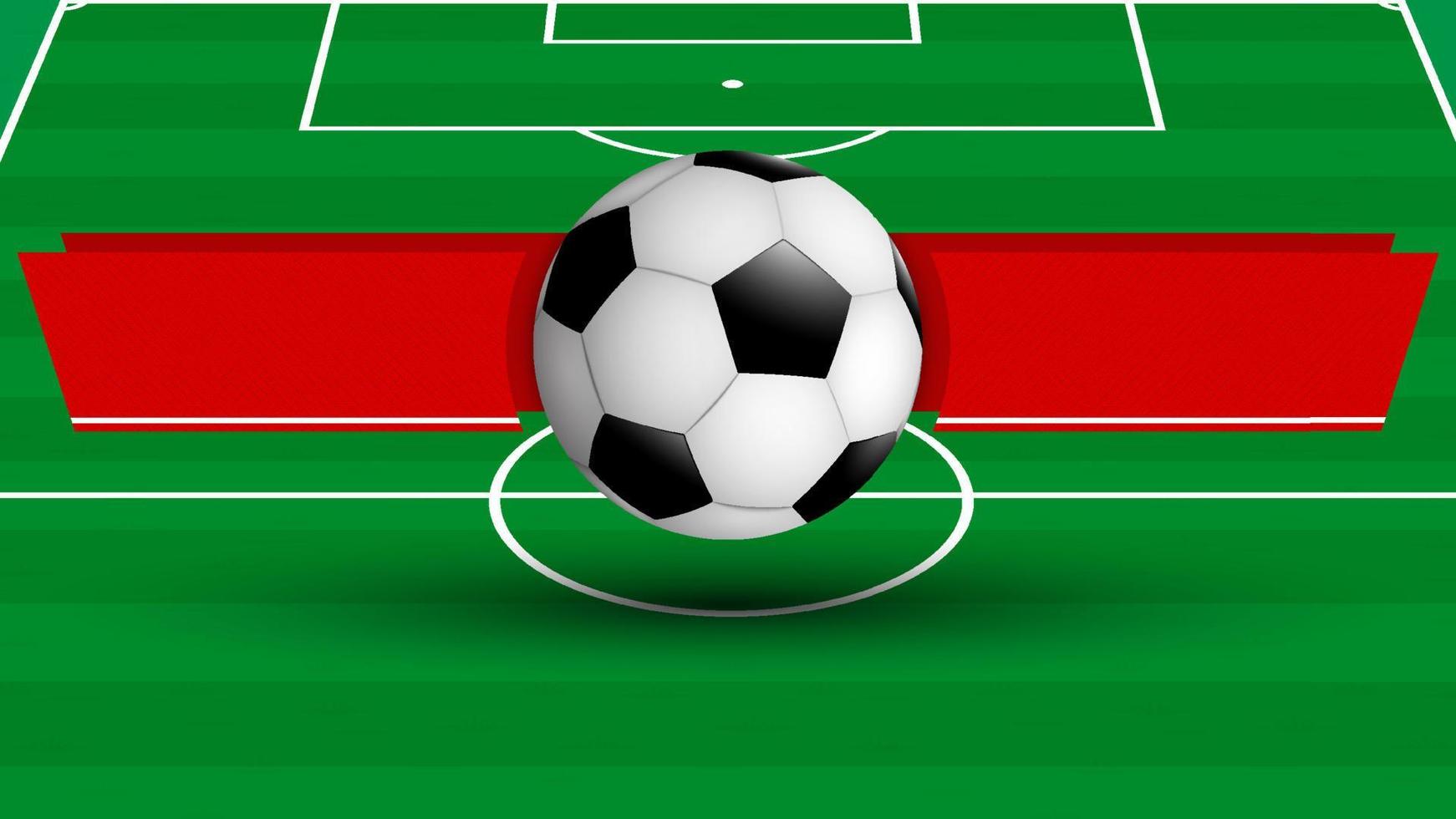 modello per torneo con calcio palla su sfondo di gli sport calcio campo con nastri per annuncio di nomi di squadre. vettore