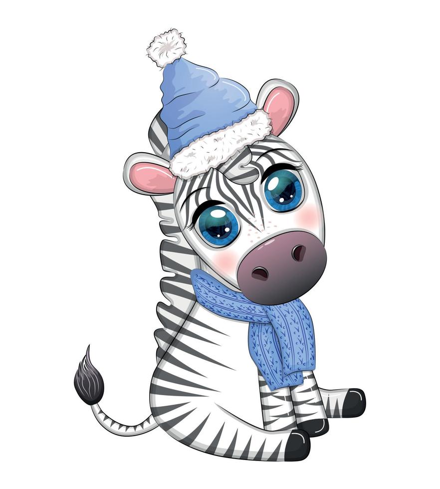 carino zebra nel un' cappello e sciarpa, inverno. natura vacanze cartone animato personaggio vettore