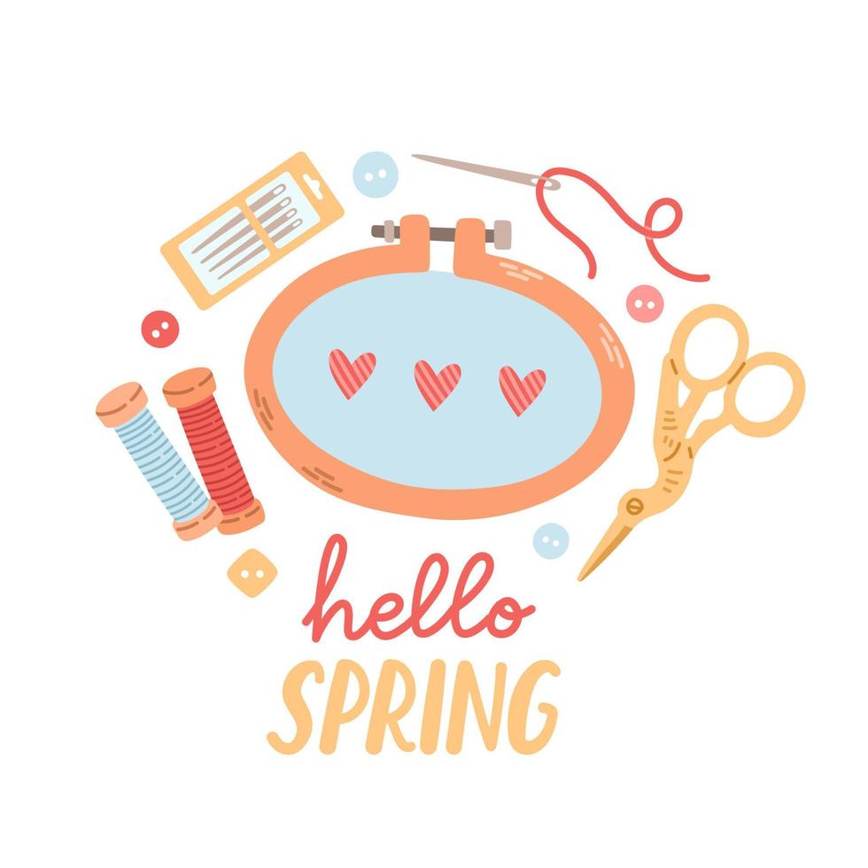 Ciao primavera mano disegnato vettore illustrazione. lettering primavera stagione con ricamo le foglie fiori per saluto carta.