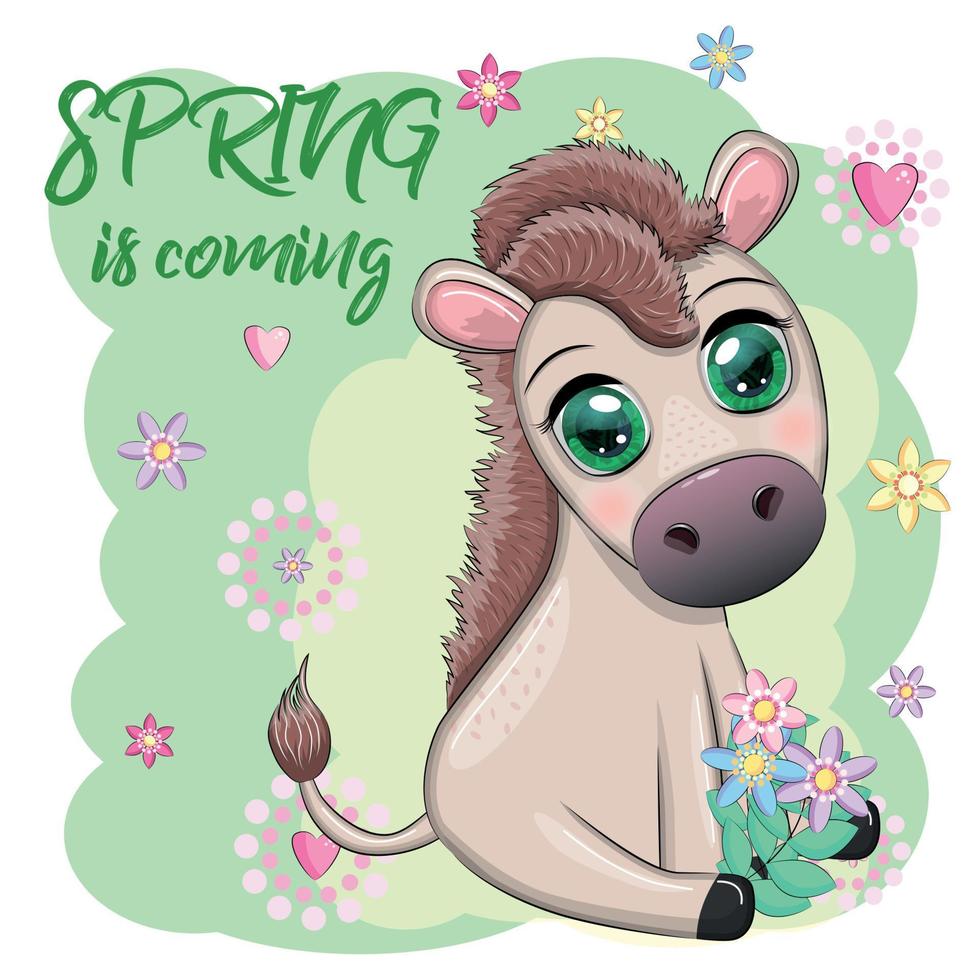 carino cartone animato asino, pony per cartolina con fiori, primavera è In arrivo vettore