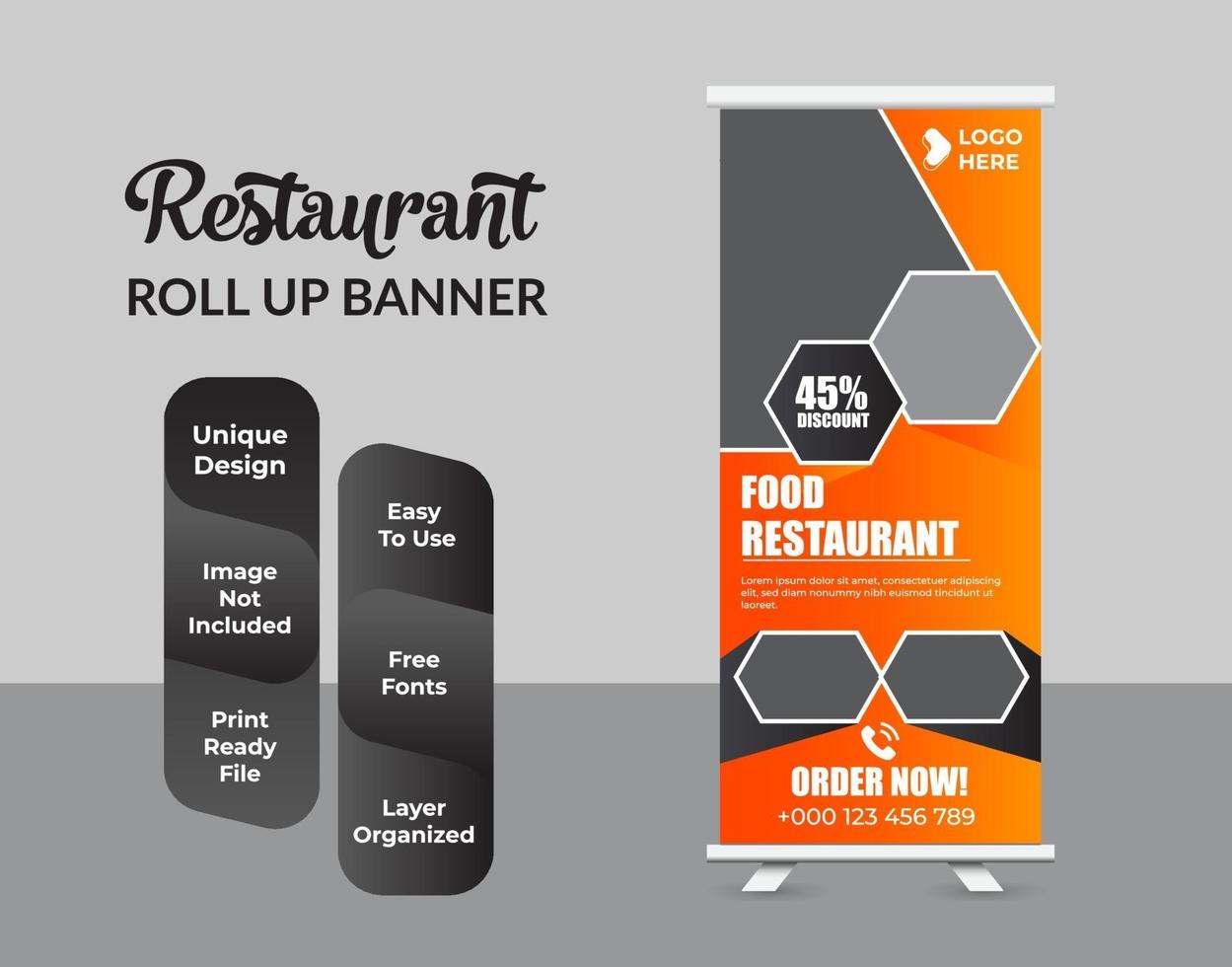 cibo e ristorante roll up banner modello di progettazione vettore