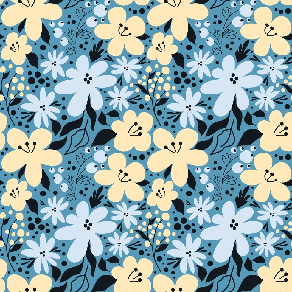 blu e giallo fiori su un' blu sfondo senza soluzione di continuità modello. vettore infinito fiore ornamento.