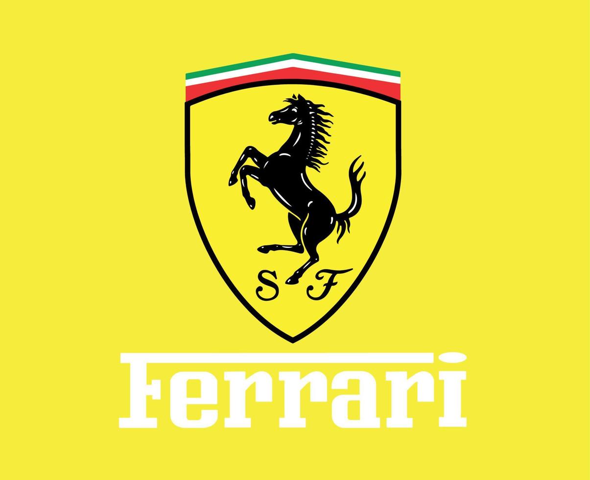 ferrari logo marca auto simbolo con nome design italiano automobile vettore illustrazione con giallo sfondo