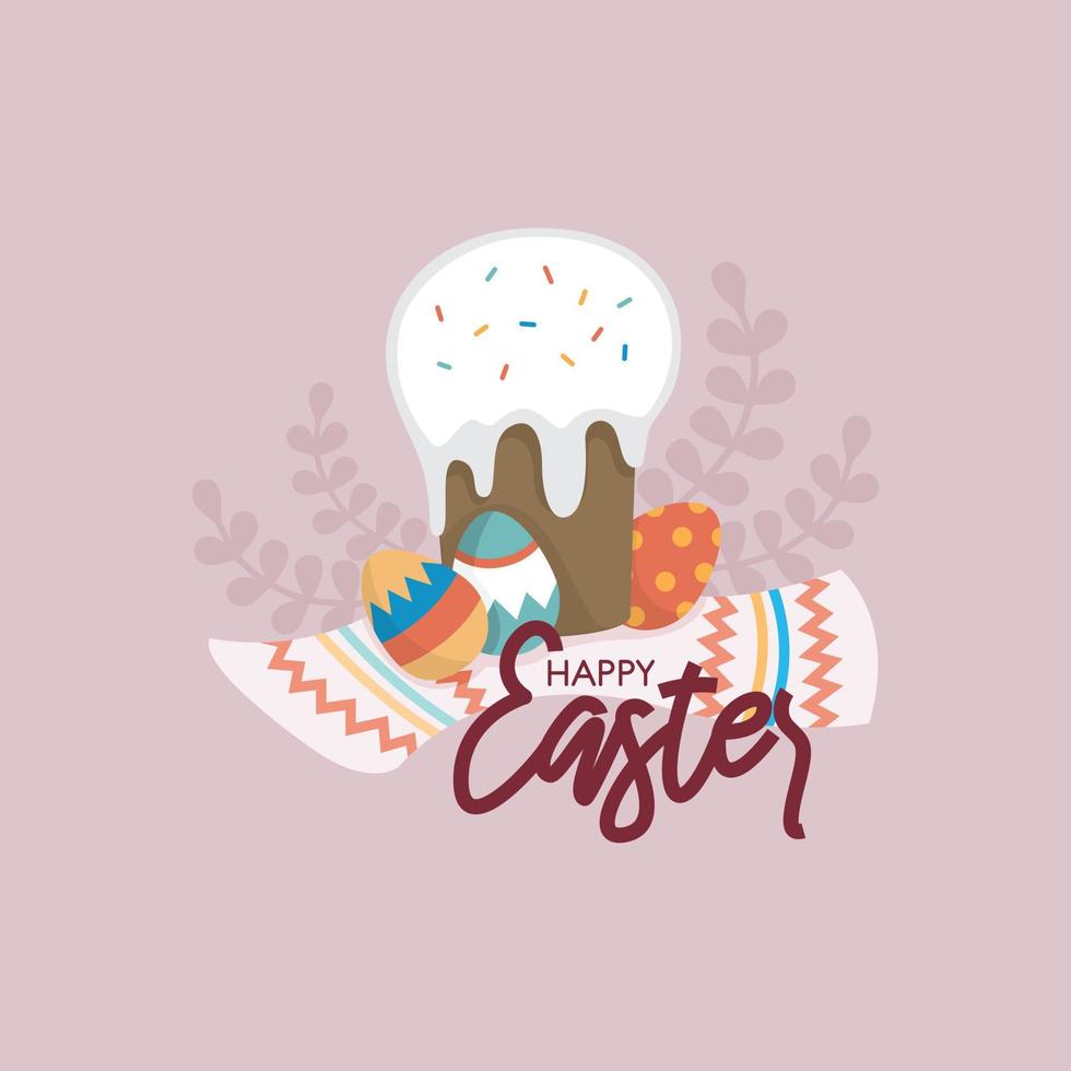 Pasqua composizione con un' tradizionale Pasqua torta, dipinto uova, e il iscrizione contento Pasqua. ucraino tradizioni di Pasqua celebrazione. saluto carta design vettore
