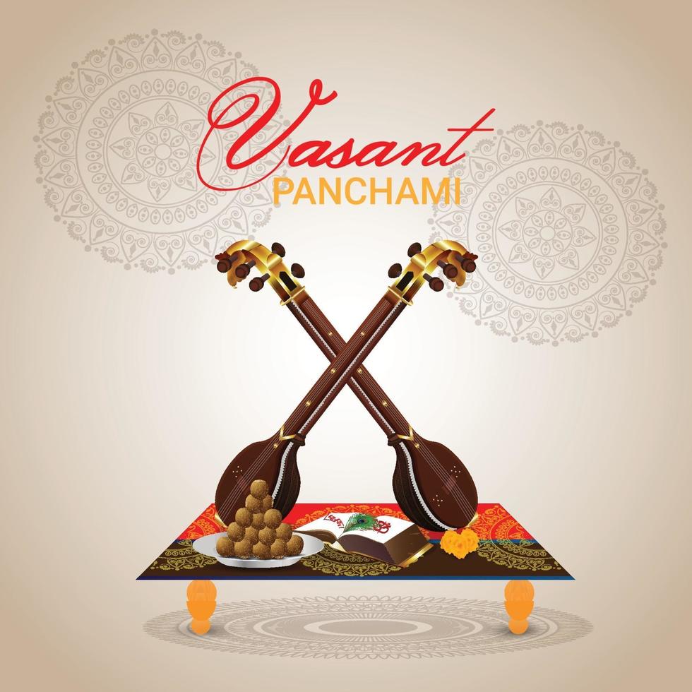 sfondo creativo vasant panchami con saraswati veena e libri vettore