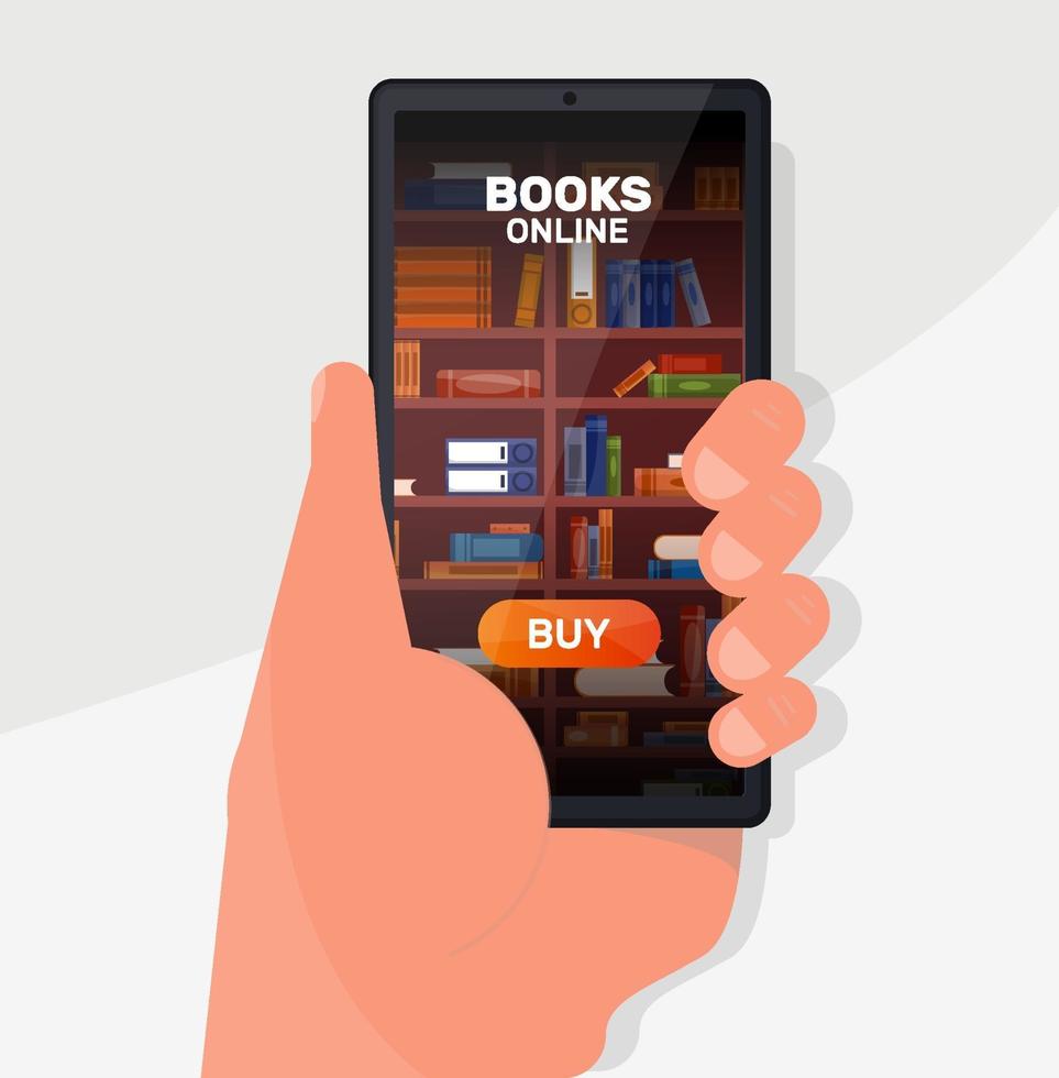 app biblioteca digitale online. scaffali con libri sullo schermo dello smartphone. libreria sul telefono in linea. vettore