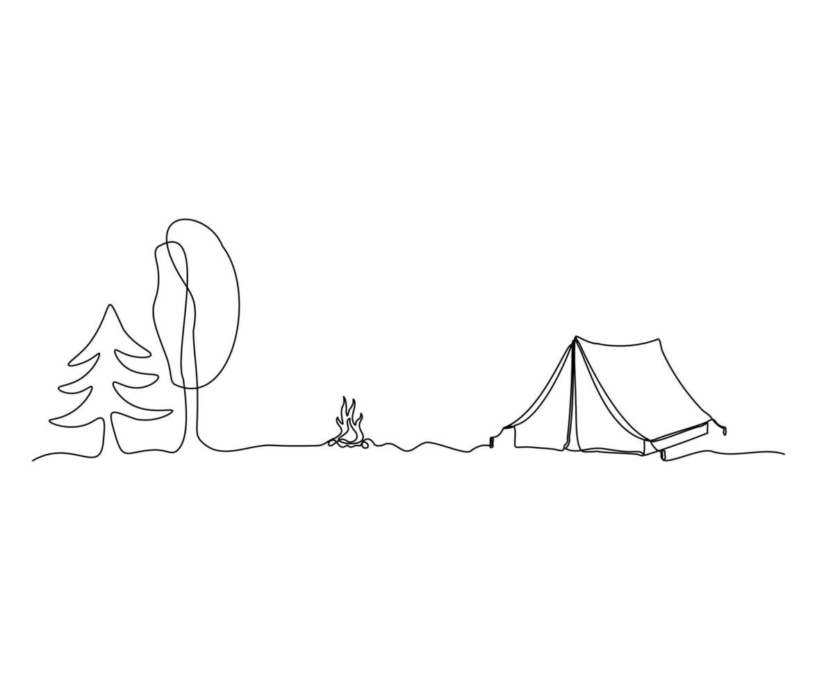 escursionismo, tende e fuoco da campo, campeggio, disegnato a mano, continuo monolinea, disegno nel uno linea vettore