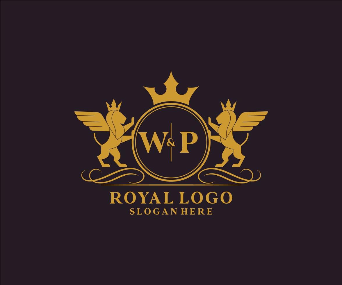 iniziale wp lettera Leone reale lusso stemma araldico logo modello nel vettore arte per ristorante, regalità, boutique, bar, Hotel, araldico, gioielleria, moda e altro vettore illustrazione.