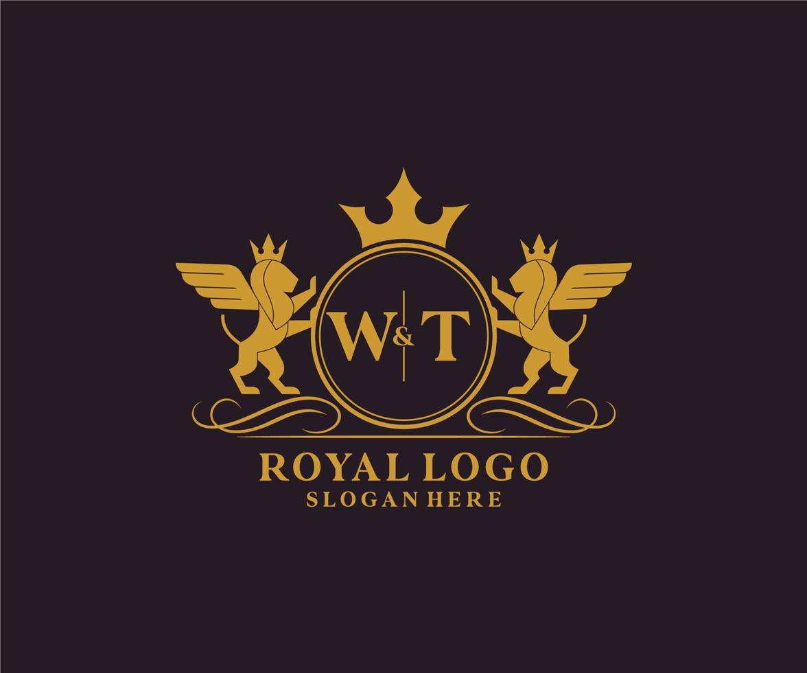 iniziale wt lettera Leone reale lusso stemma araldico logo modello nel vettore arte per ristorante, regalità, boutique, bar, Hotel, araldico, gioielleria, moda e altro vettore illustrazione.