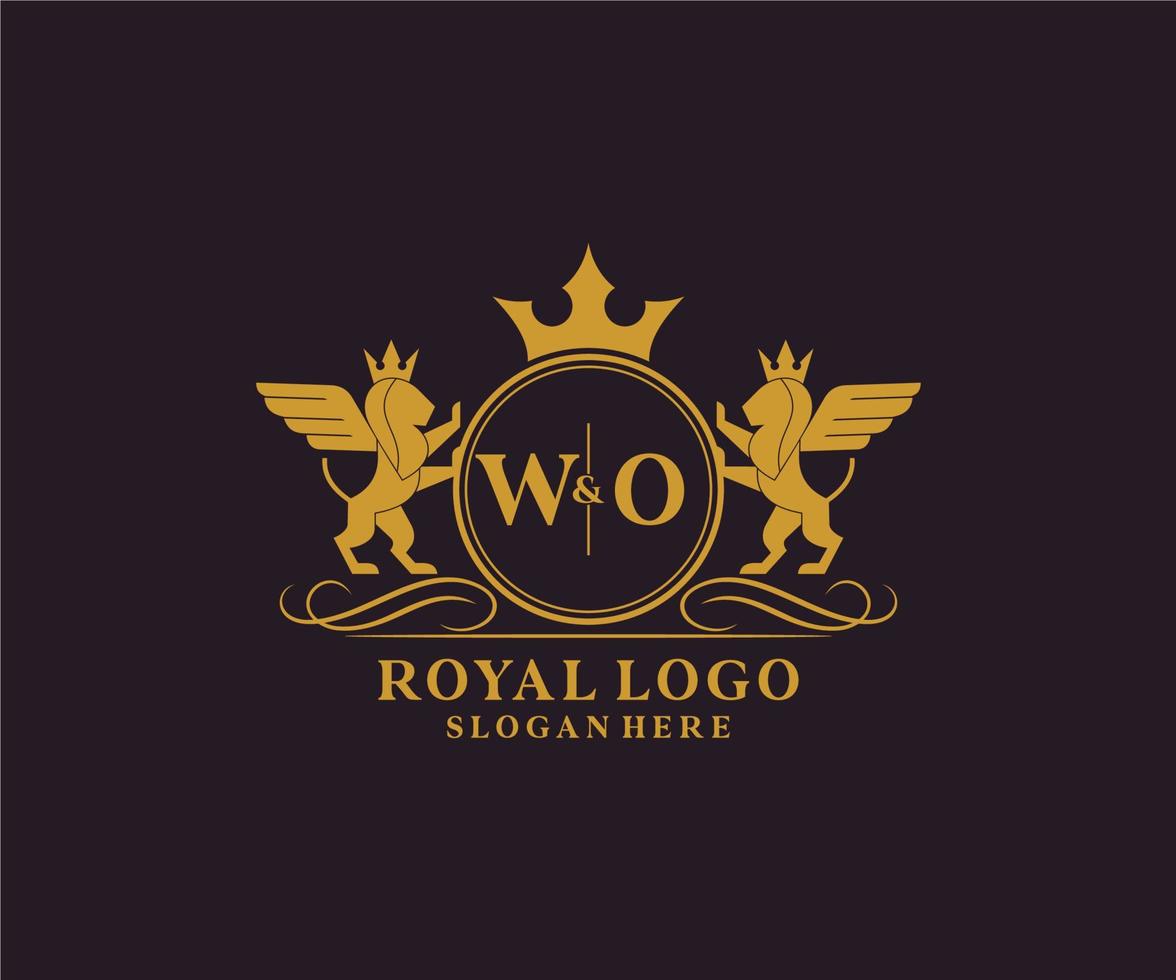 iniziale wo lettera Leone reale lusso stemma araldico logo modello nel vettore arte per ristorante, regalità, boutique, bar, Hotel, araldico, gioielleria, moda e altro vettore illustrazione.