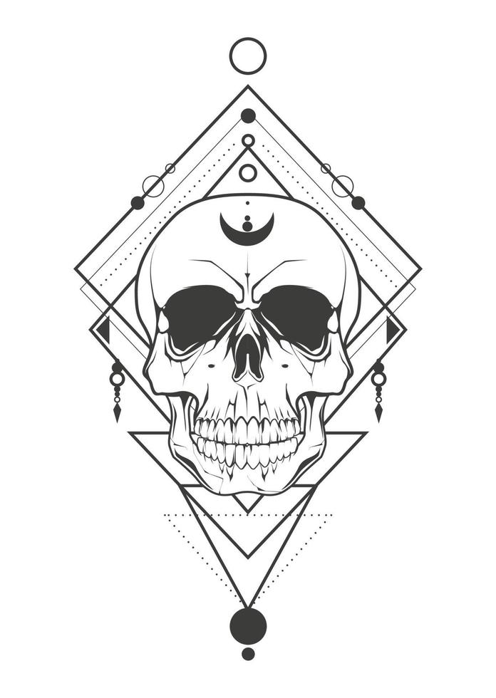 arte del tatuaggio teschio con elementi geometrici sacri. disegno di illustrazione vettoriale. vettore