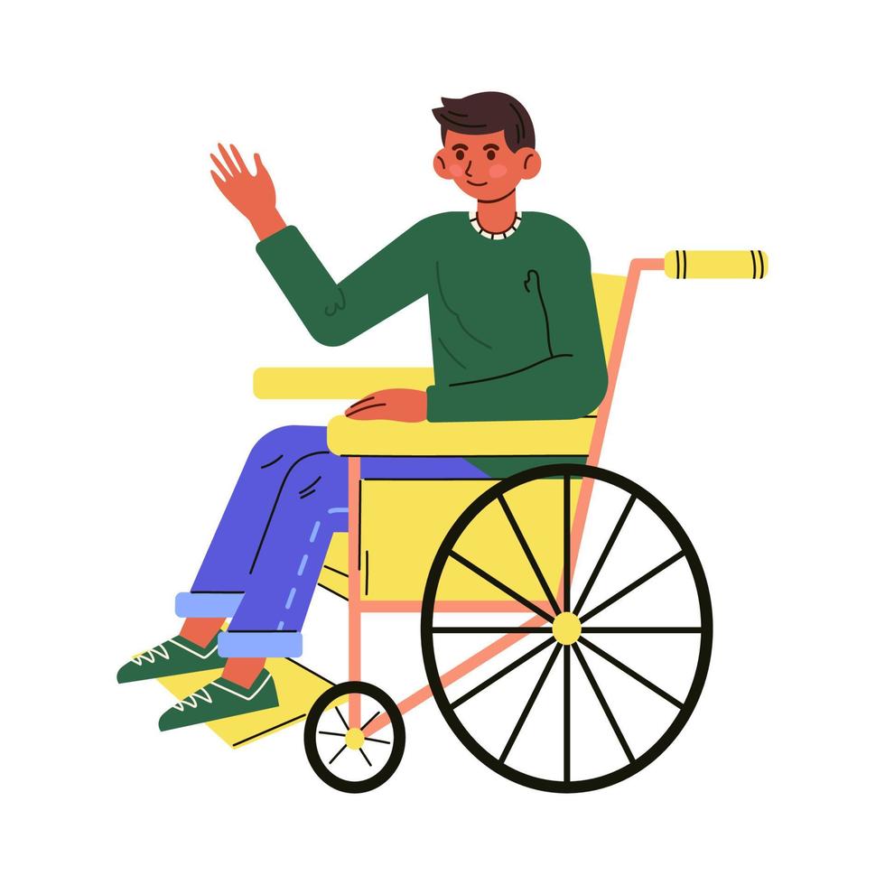 giovane uomo con buio pelle seduta nel sedia a rotelle. contento tipo vivente con disabilità. piatto illustrazione nel cartone animato stile. vettore isolato su bianca.