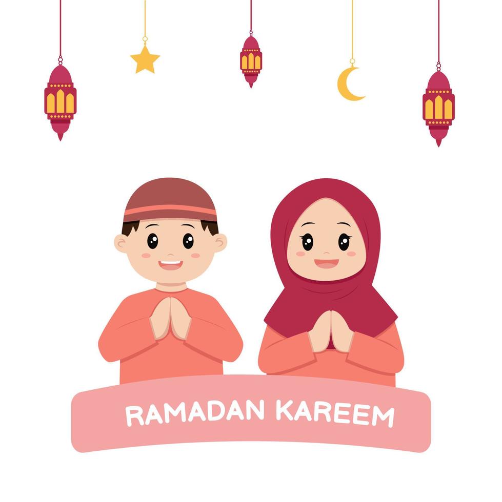 coppia musulmano bambini dando saluto. islamico cartone animato carattere. piatto vettore illustrazione.
