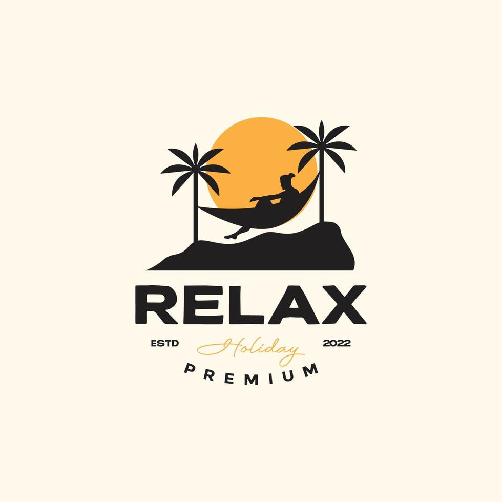 giovane uomo rilassare spiaggia Noce di cocco albero amaca tramonto vacanza Vintage ▾ logo design icona vettore illustrazione