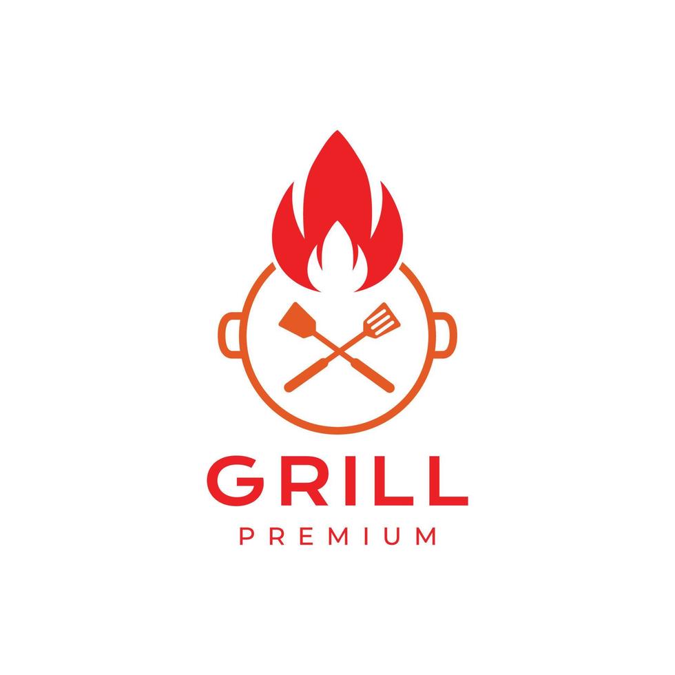 padella griglia cucinando cibo spatola fuoco fiamma rilassare minimalista logo design vettore