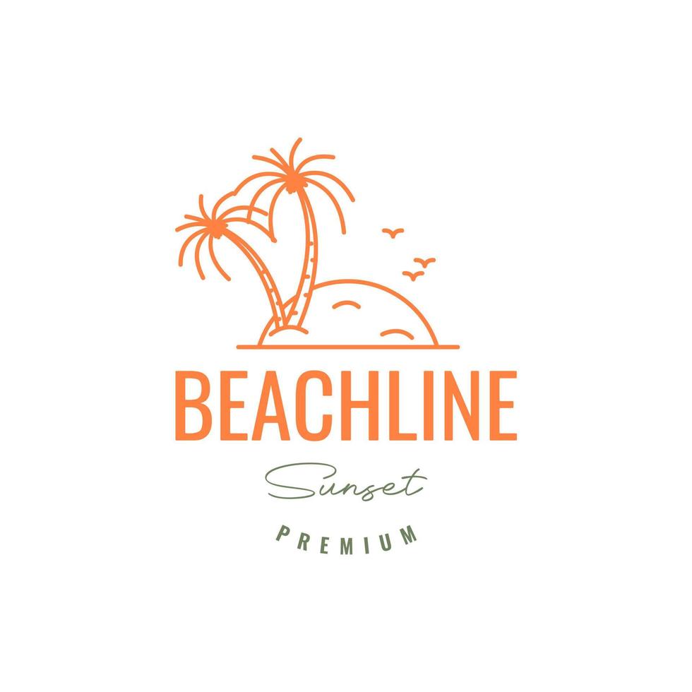 spiaggia mare riva del mare tramonto Noce di cocco alberi uccelli colonia Linee fricchettone logo design vettore icona