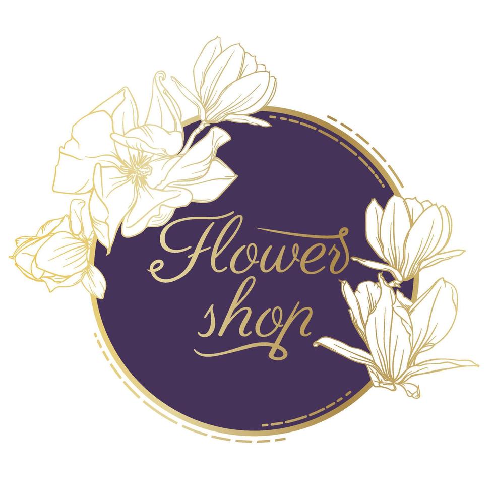 carta modello, logo idea con floreale elementi. oro telaio con magnolia fiori disegnato nel oro schema. vettore illustrazione