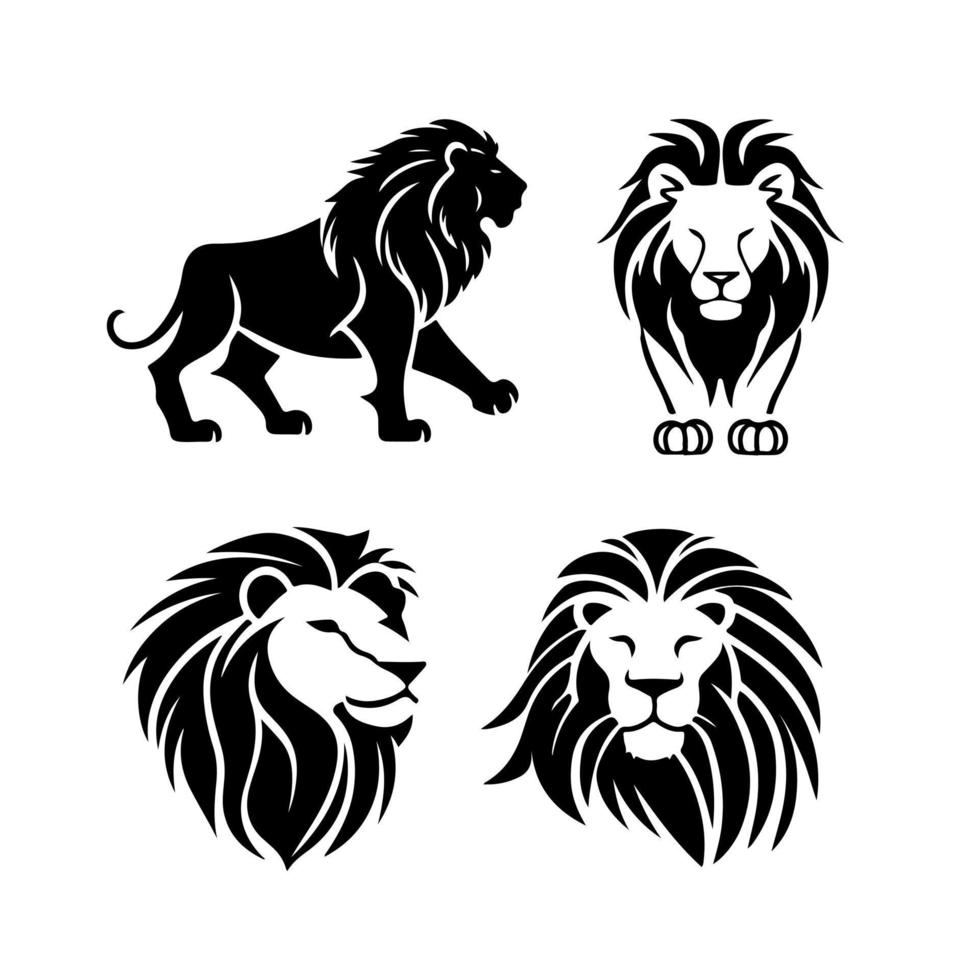 Leone testa viso logo impostato silhouette nero icona tatuaggio portafortuna mano disegnato Leone re silhouette animale vettore illustrazione