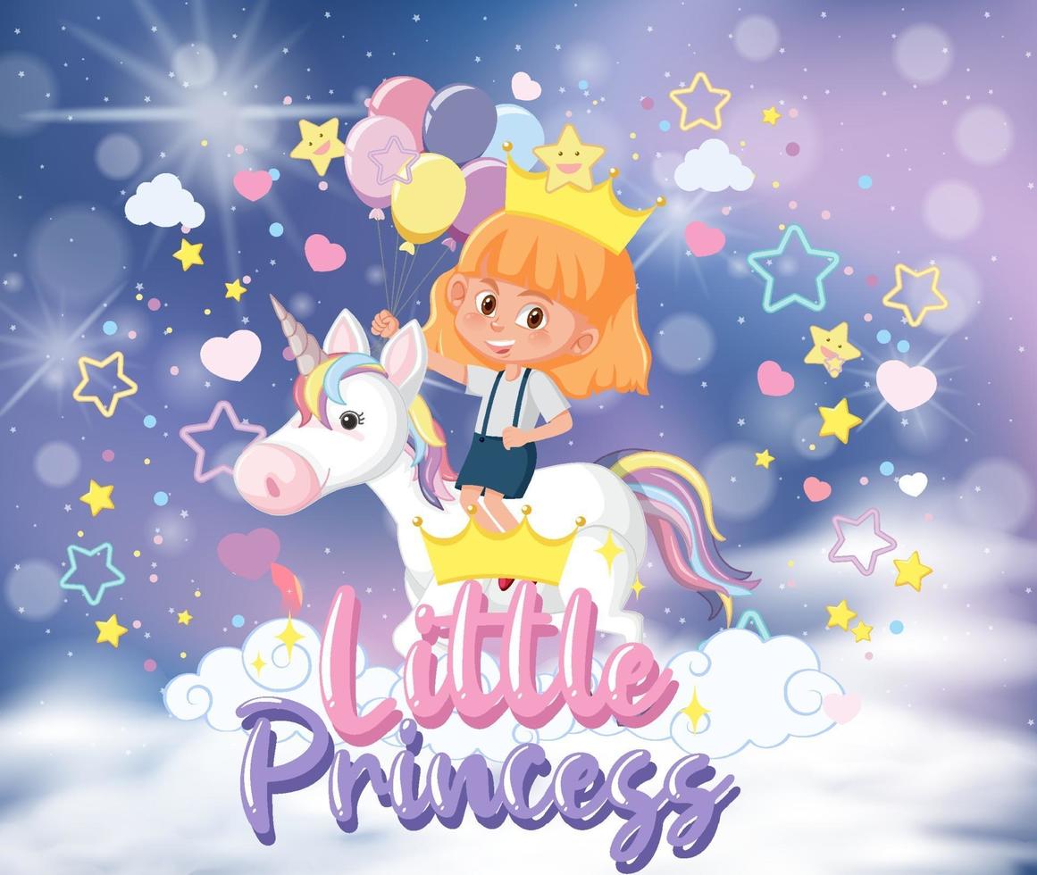 bambina cavalcando pegaso con font piccola principessa nel cielo pastello vettore