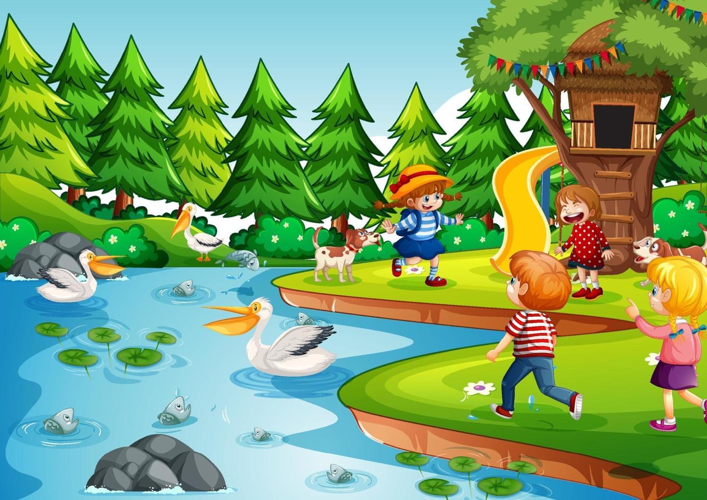 scena del parco con molti bambini e parco degli animali vettore