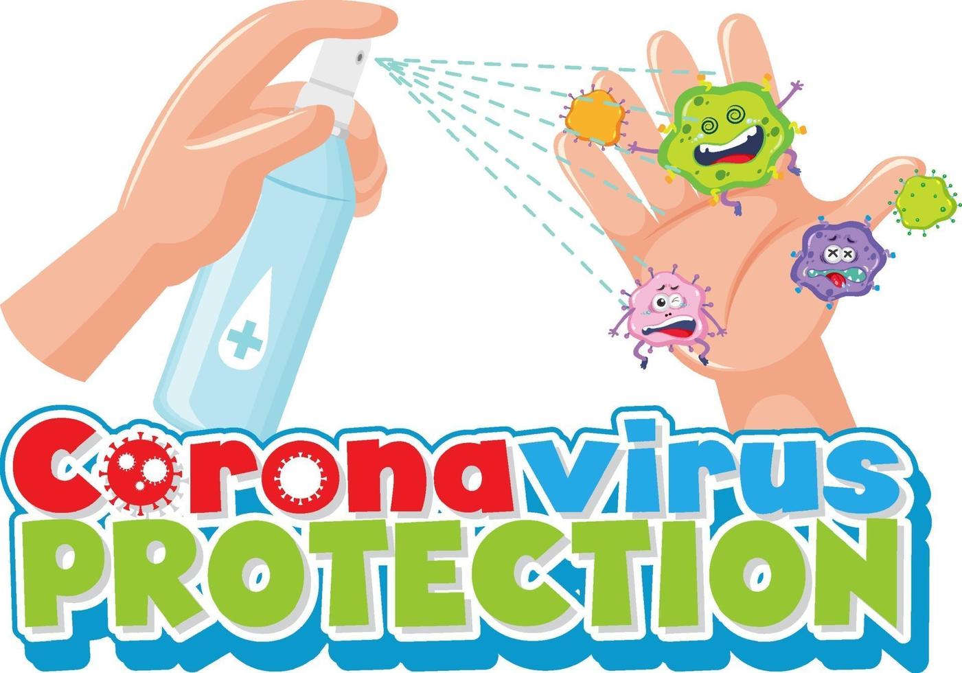 carattere di protezione del coronavirus con la mano utilizzando spray disinfettante per alcol vettore