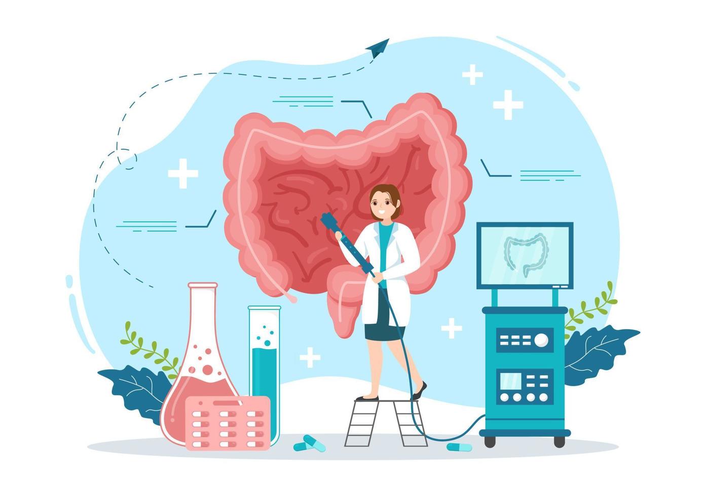 proctologo o colonscopia illustrazione con un' medico esamina di il colon e dannoso batteri nel cartone animato mano disegnato per atterraggio pagina modelli vettore