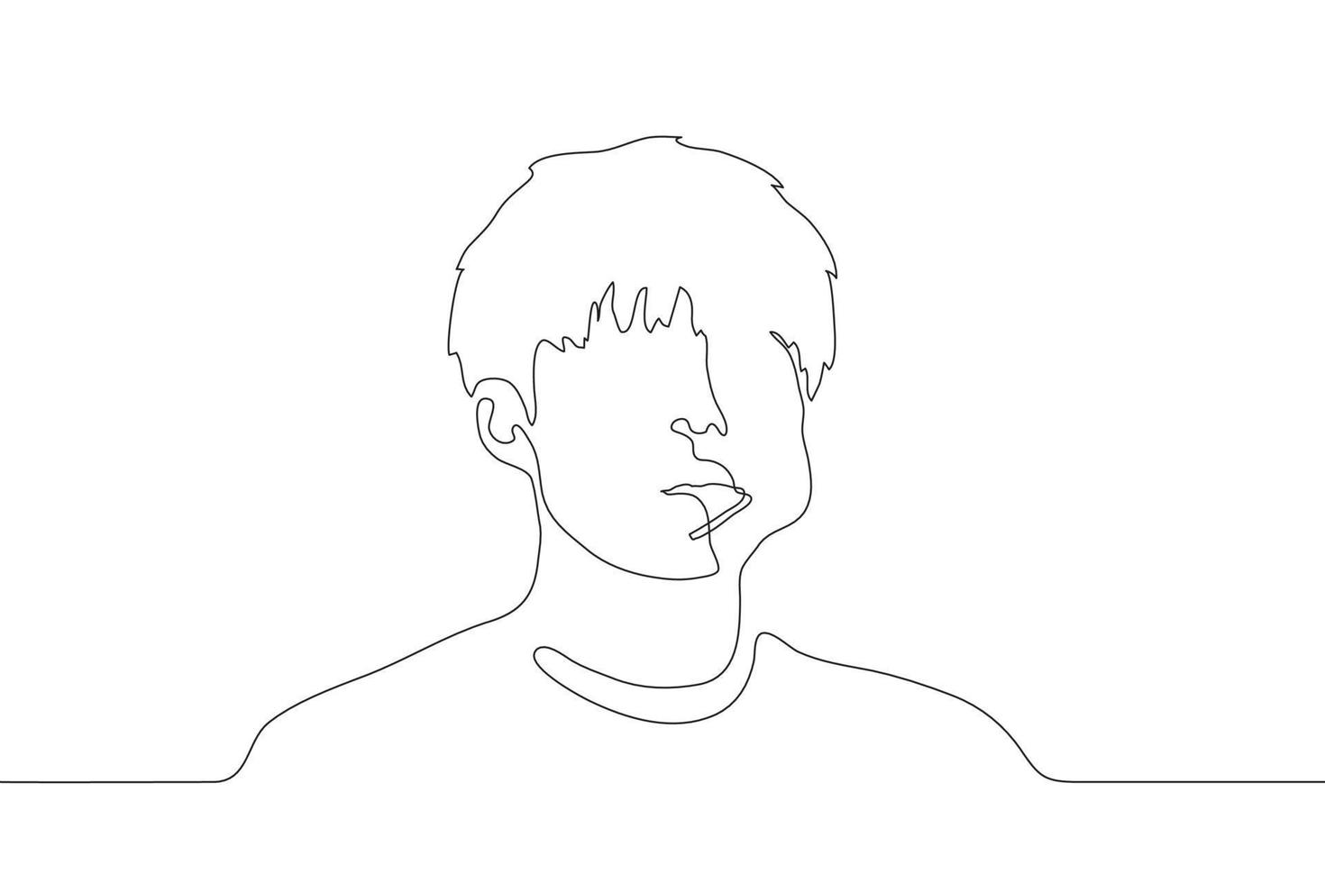 uno continuo linea disegno silhouette di un' giovane uomo con un' lecca-lecca nel il suo bocca. ritratto su il le spalle di un' bello uomo con un' gonfio guancia e un' bastone su di il suo bocca. per animazione. vettore